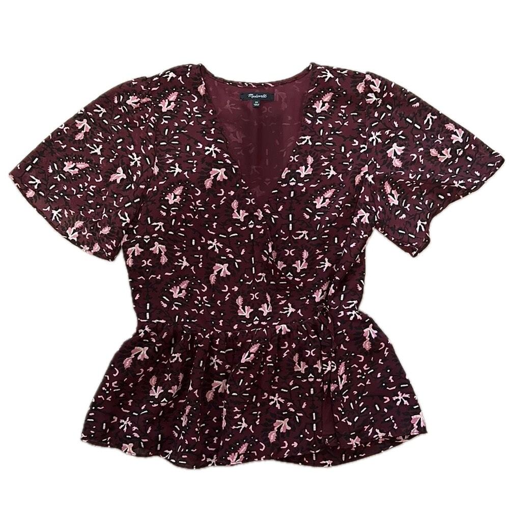 Madewell Georgette Flutter-Sleeve Peplum Paisley Dark Fig Top Size XS🍷✨ 🍂 - Picture 5 of 12